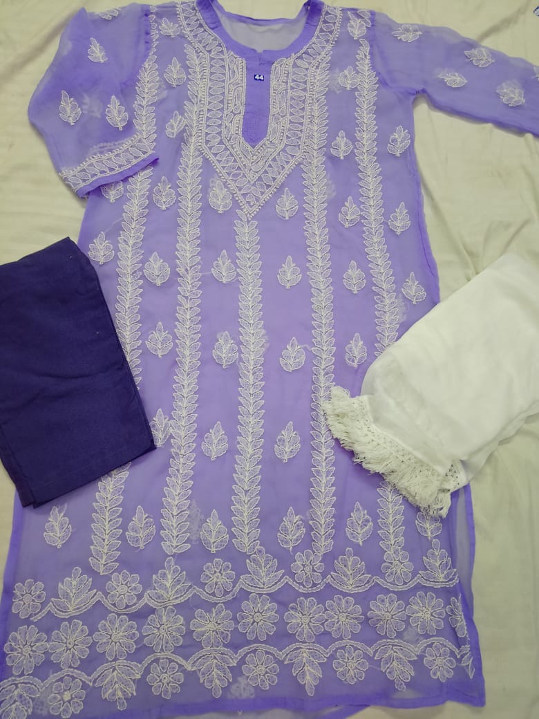 Georgette Kurti With Cotton Pant & Dupatta