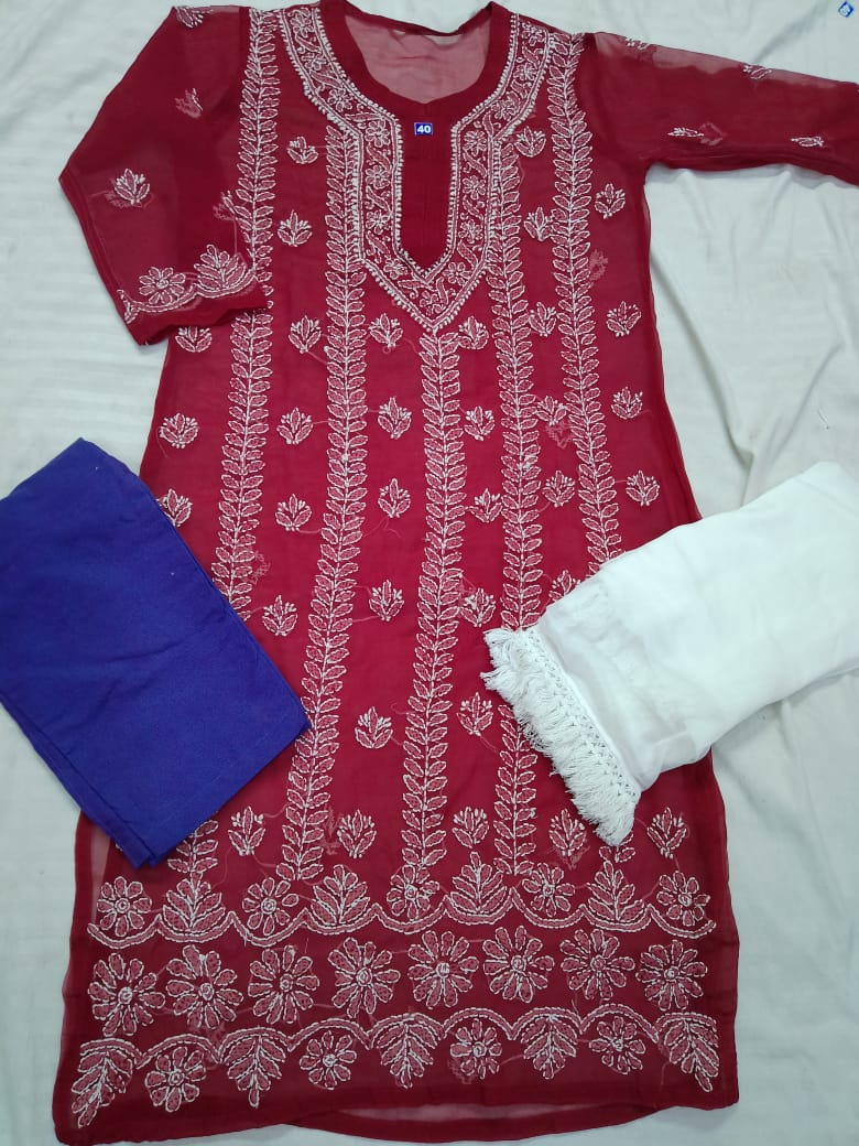 Georgette Kurti With Cotton Pant & Dupatta