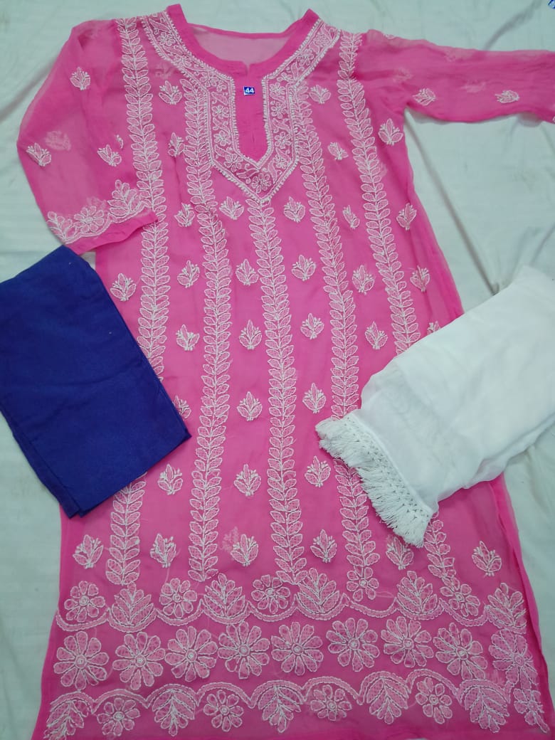 Georgette Kurti With Cotton Pant & Dupatta