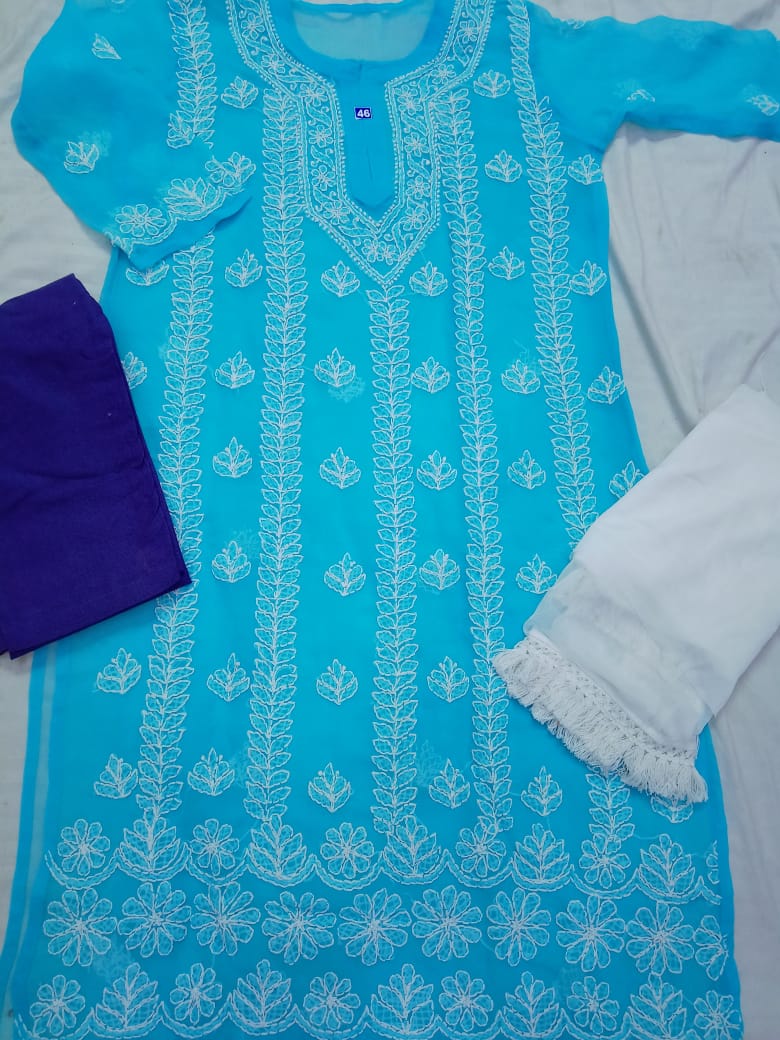 Georgette Kurti With Cotton Pant & Dupatta