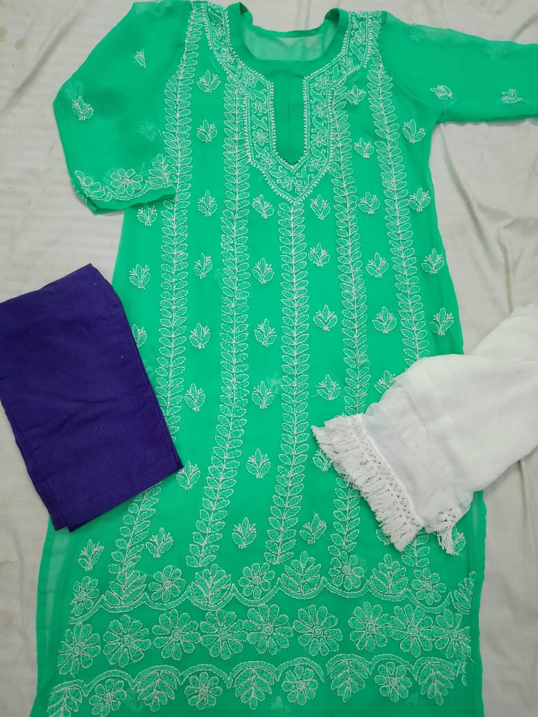 Georgette Kurti With Cotton Pant & Dupatta