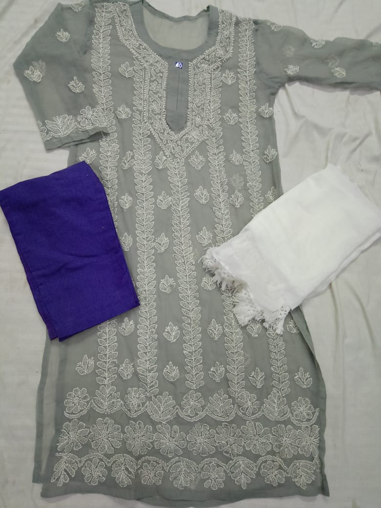 Georgette Kurti With Cotton Pant & Dupatta
