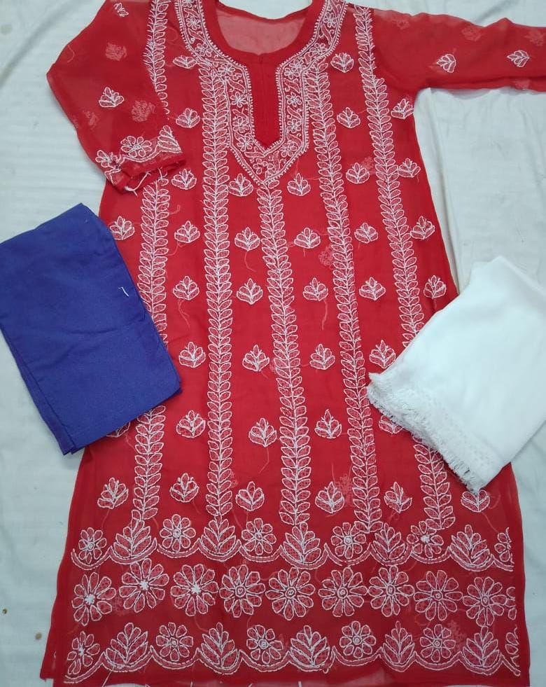Georgette Kurti With Cotton Pant & Dupatta