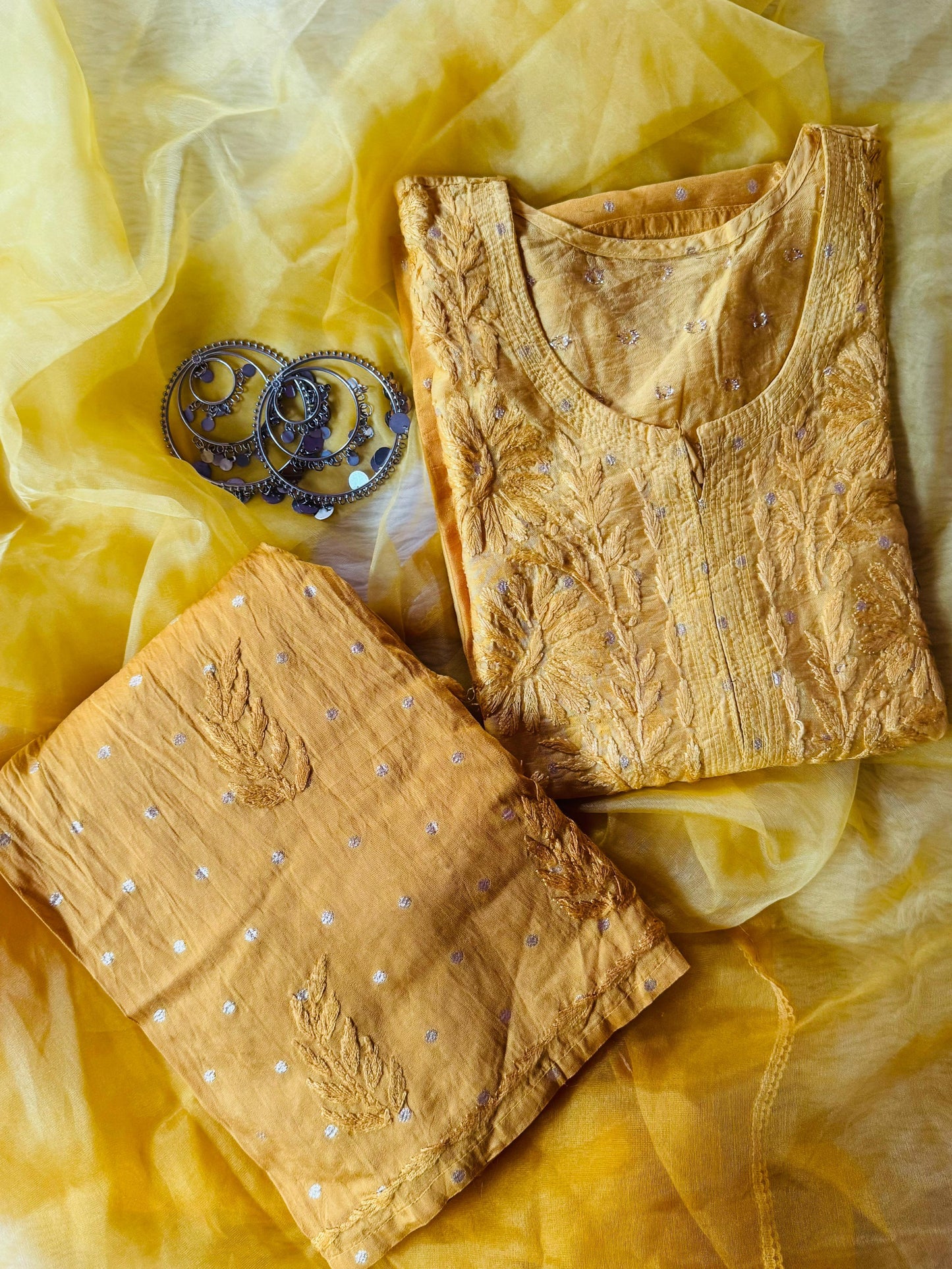 Chanderi golden polka dots with organza dupatta