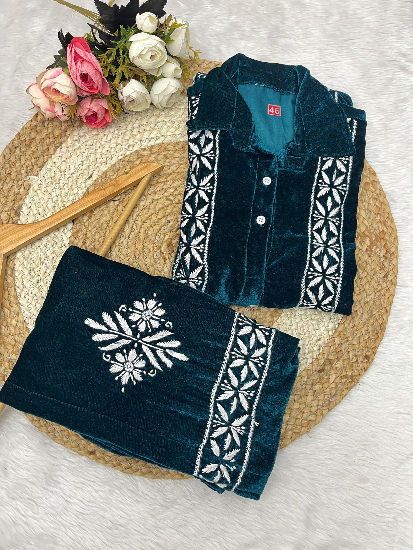 Velvet 2pc cord set with beautiful chikankari handwork perfect for winter