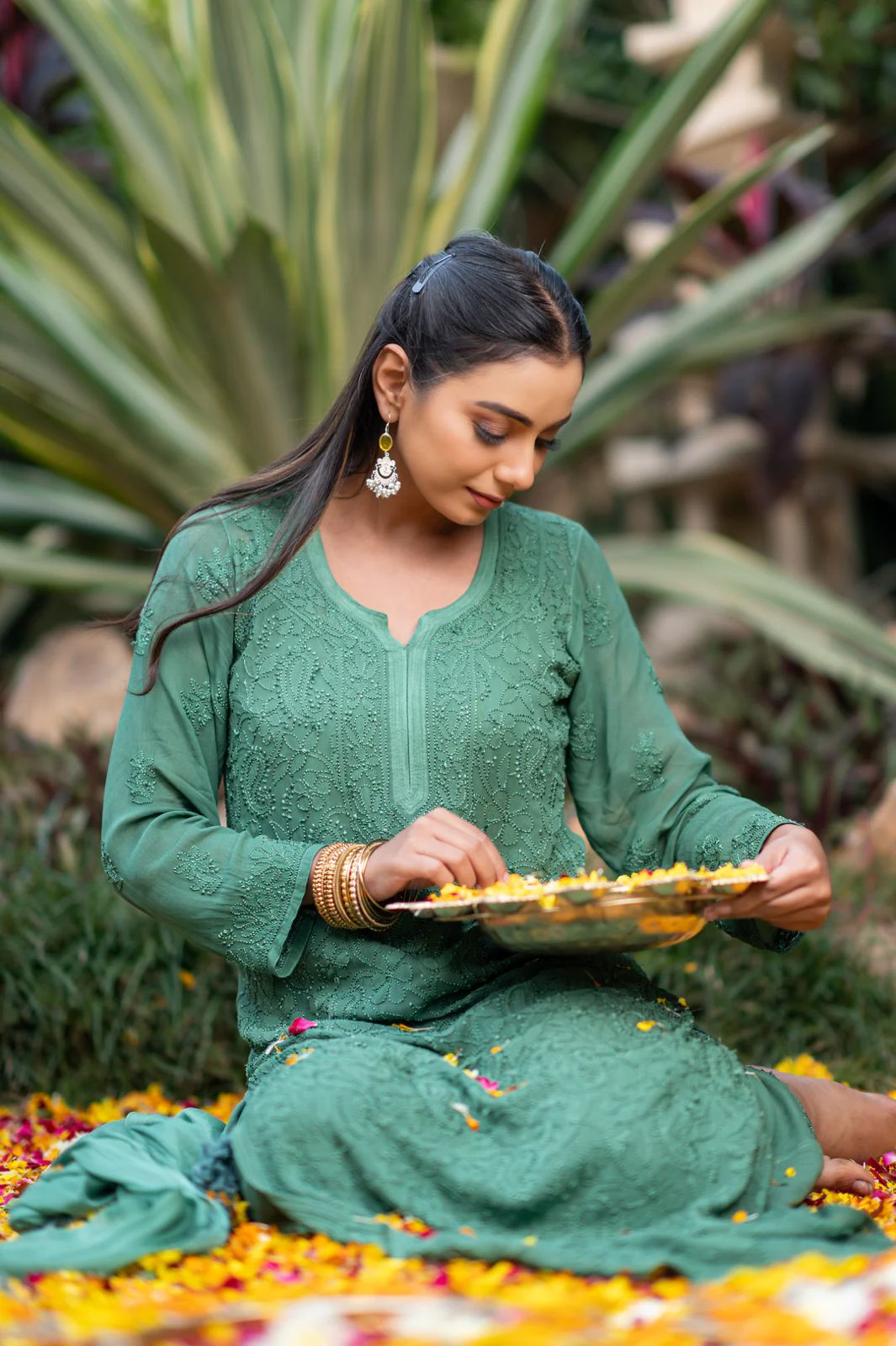 Viscose georgette 3pc set with Resham thread chikankari handwork