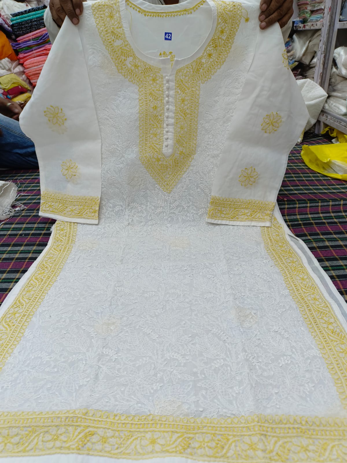 Voil cotton kurta with color thread chikankari on neck Daman and seleaves