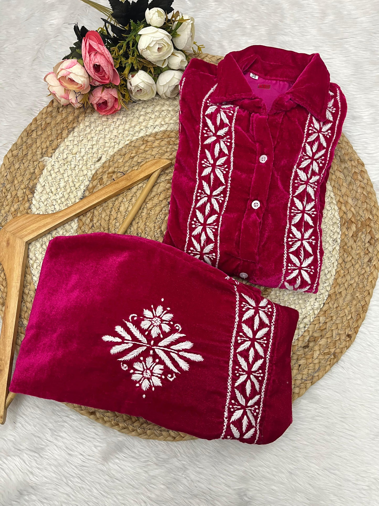 Velvet 2pc cord set with beautiful chikankari handwork perfect for winter