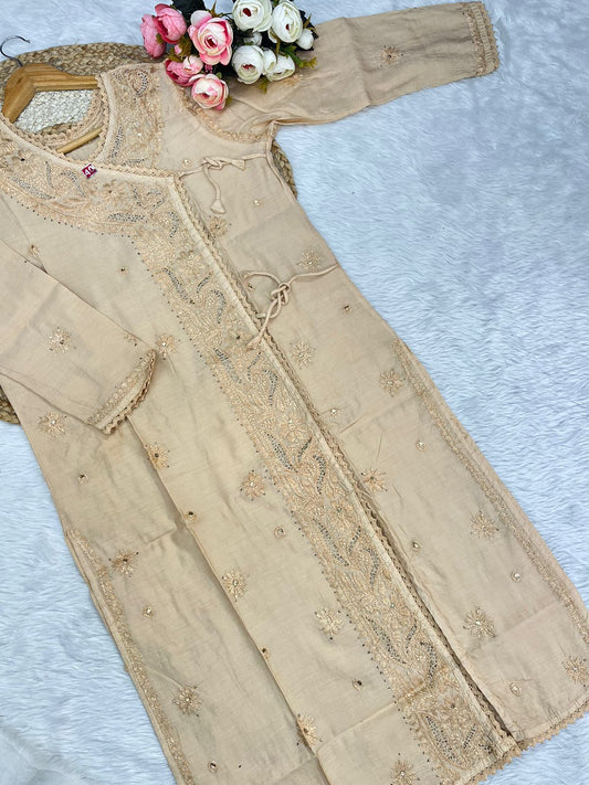 Chanderi angarkha 2pc set with beautiful chikankari and Mukesh work
