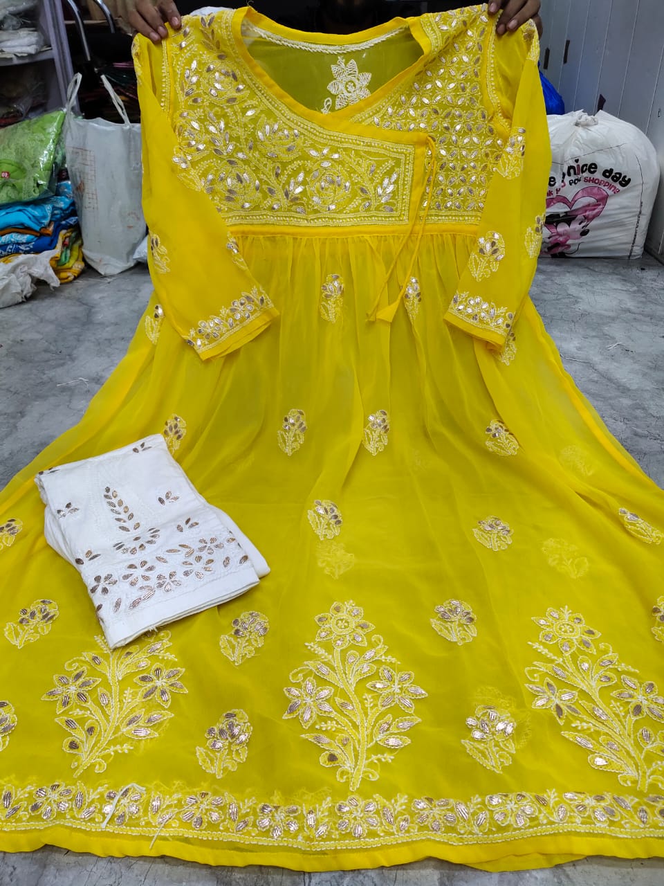 Yellow Georgette Gown With Pant