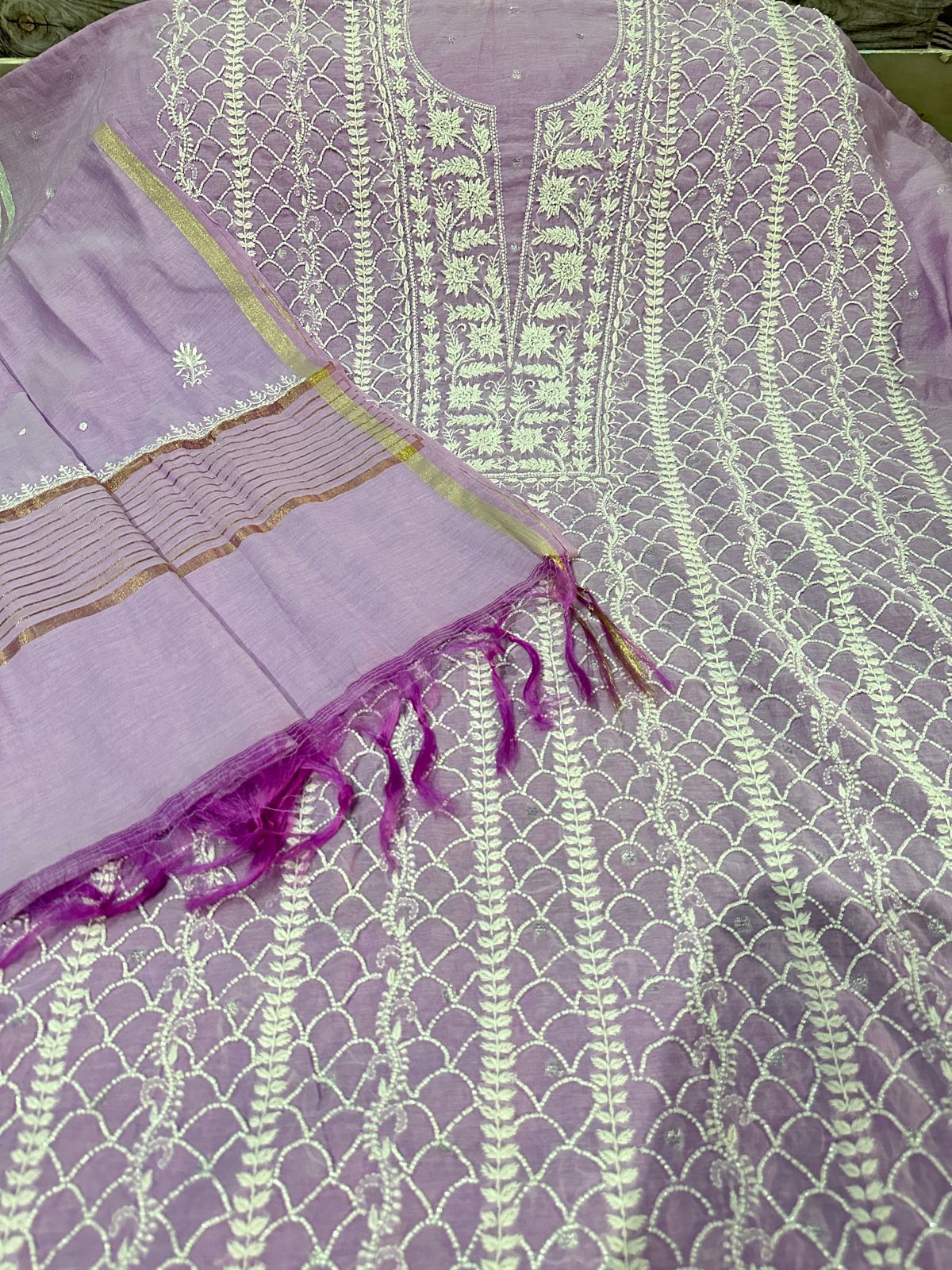 Banarsi chanderi 2pc unstitched set fine work with zardozi