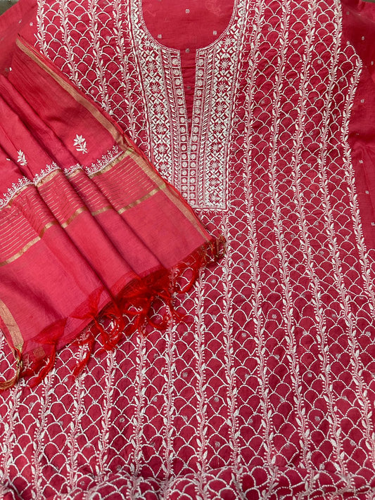 Banarsi chanderi 2pc unstitched set fine work with zardozi