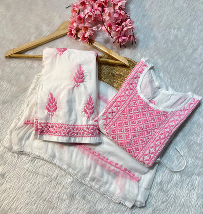 Cotton kurta with pant and chiffon dupatta 3pc set