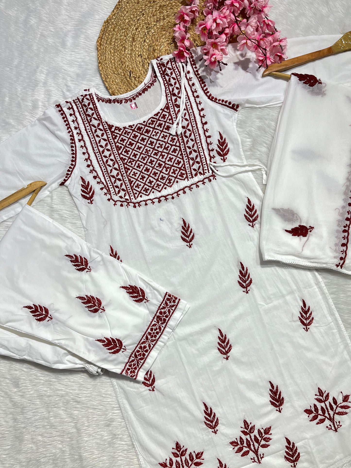 Cotton kurta with pant and chiffon dupatta 3pc set