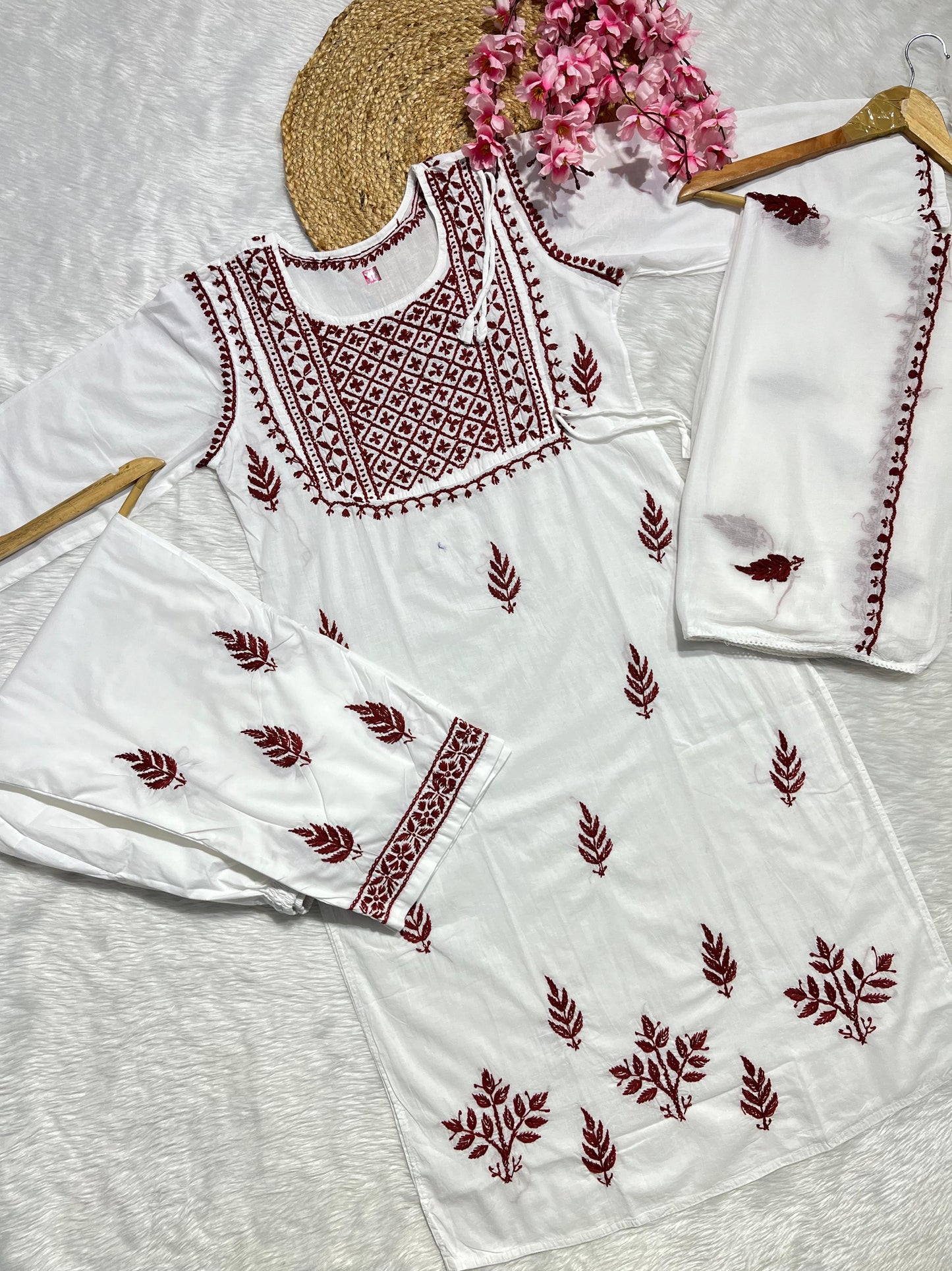 Cotton kurta with pant and chiffon dupatta 3pc set