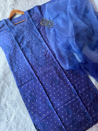 Chanderi golden polka dots with organza dupatta