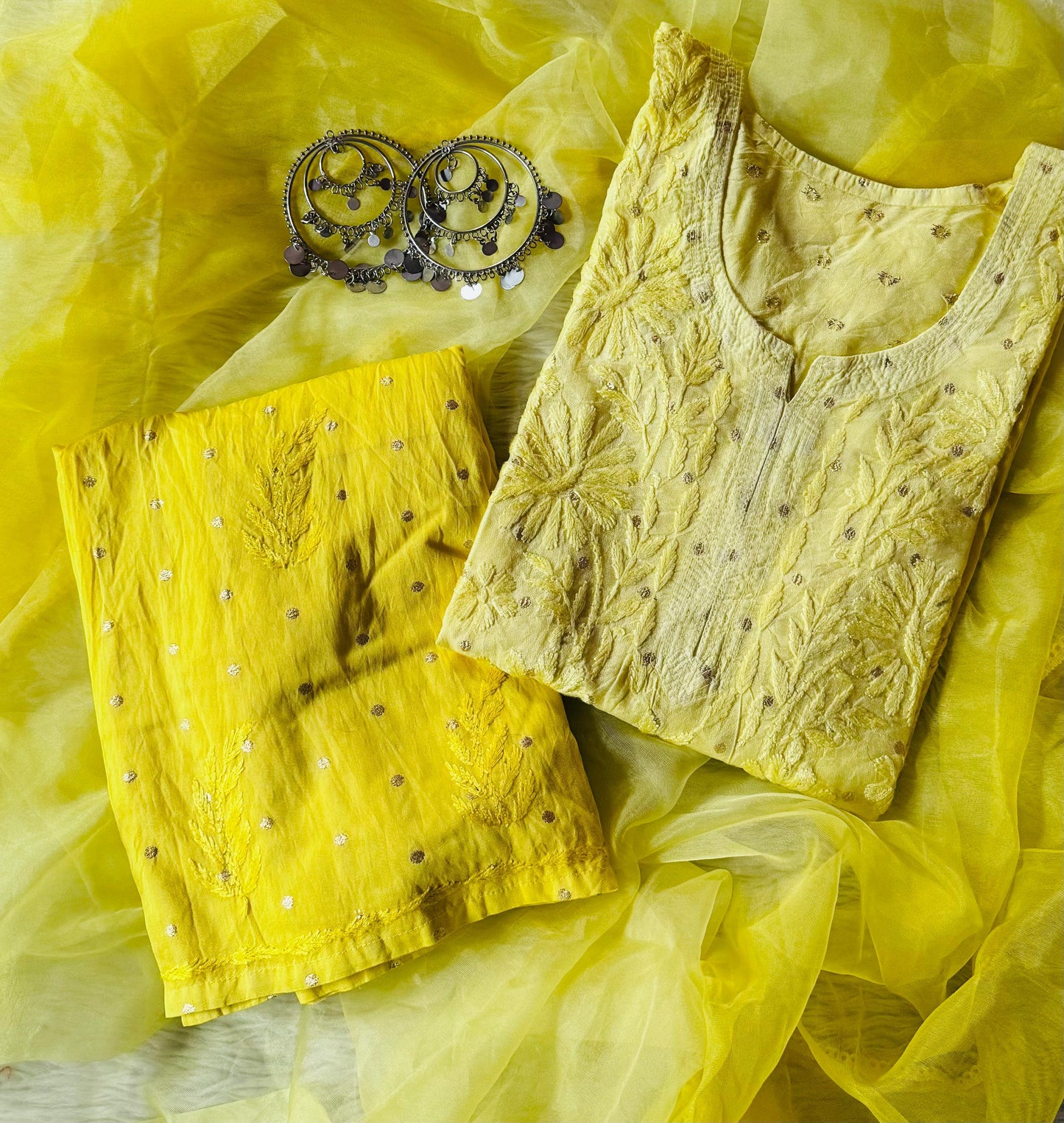 Chanderi golden polka dots with organza dupatta