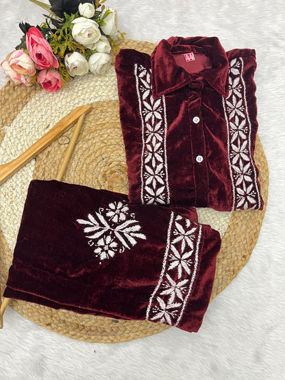 Velvet 2pc cord set with beautiful chikankari handwork perfect for winter