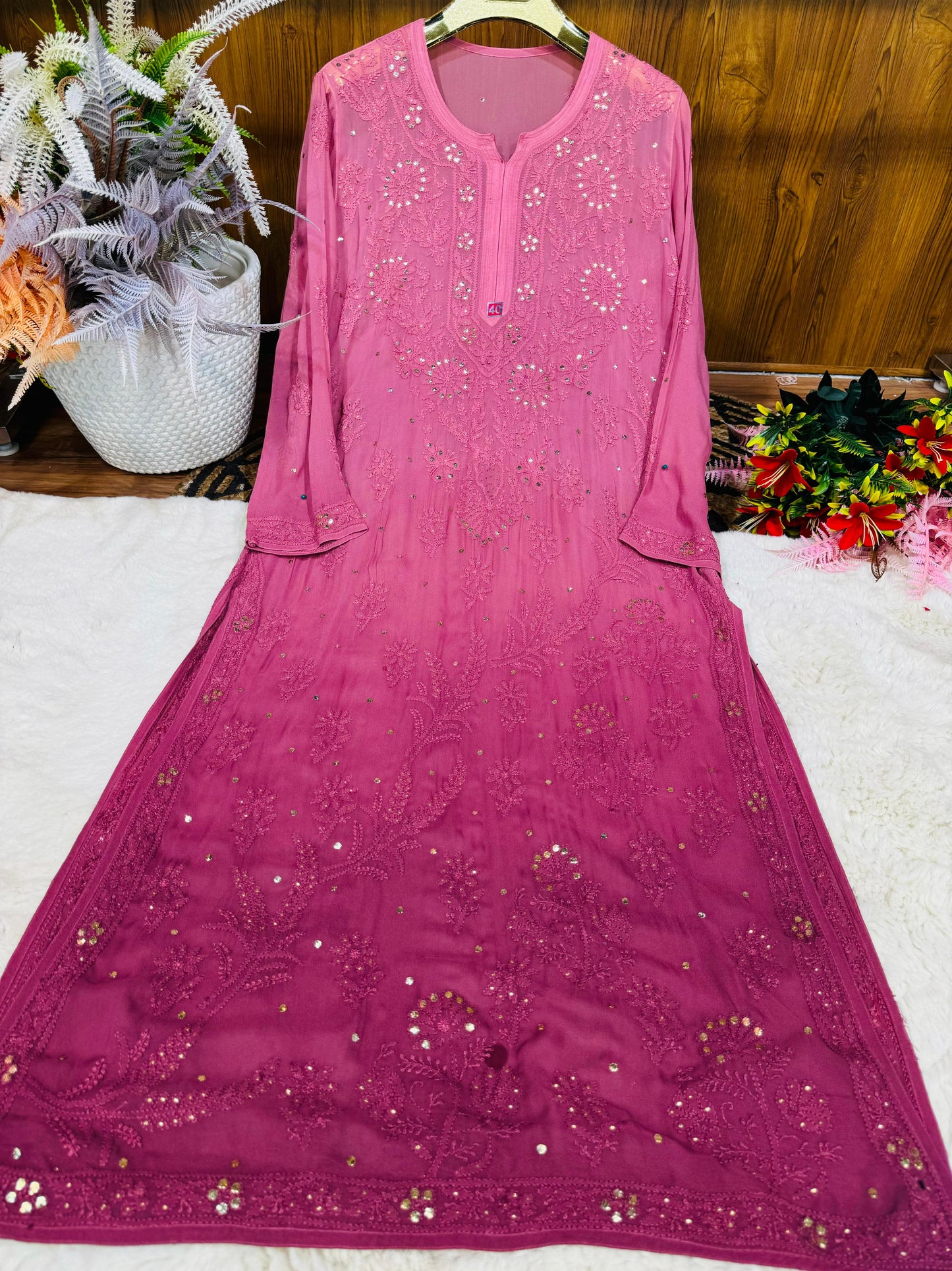 Plus size and regular size Viscose kurta with mukaish work and beautiful handwork chikankari, ombre dyed