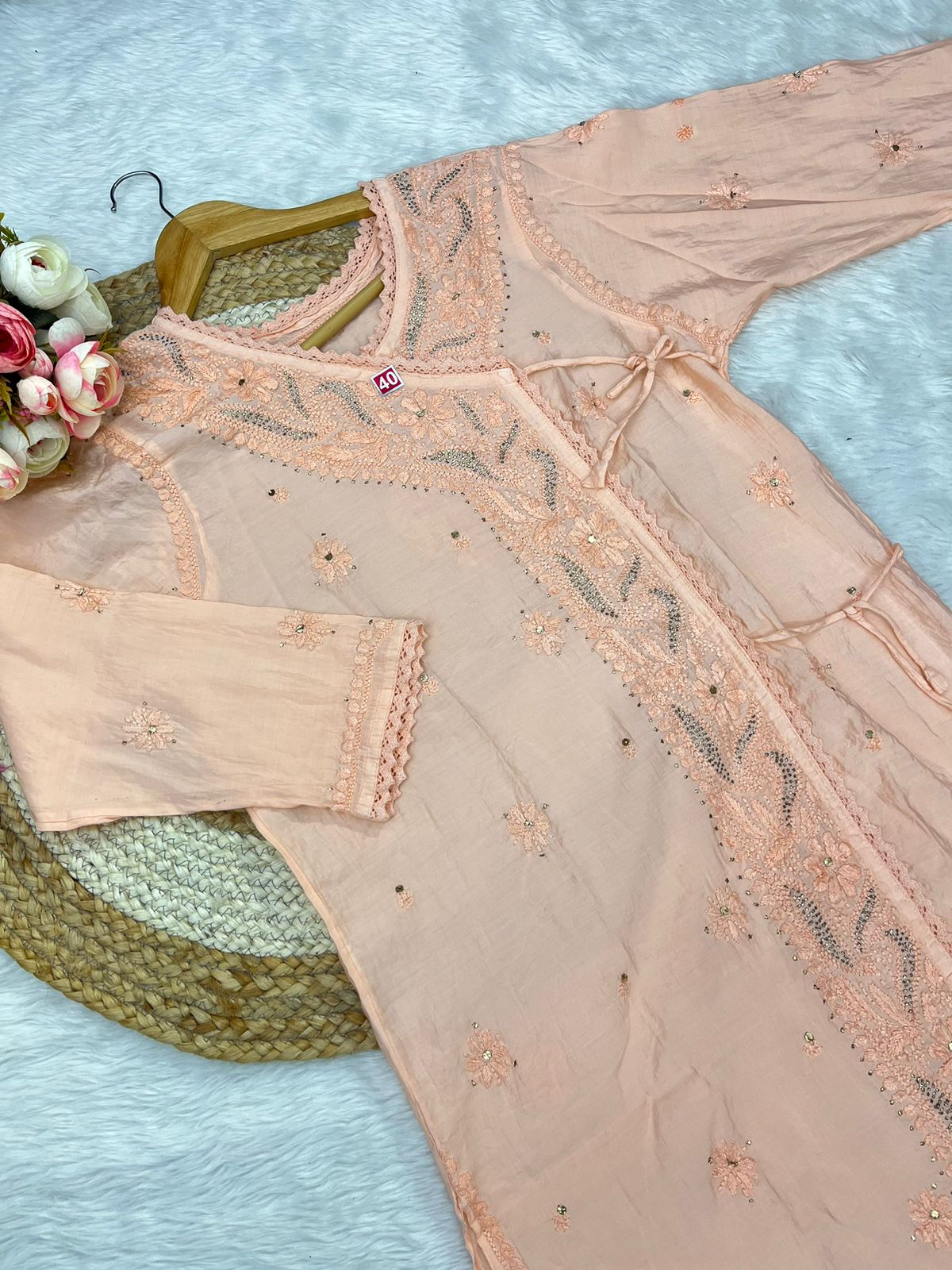 Chanderi angarkha 2pc set with beautiful chikankari and Mukesh work