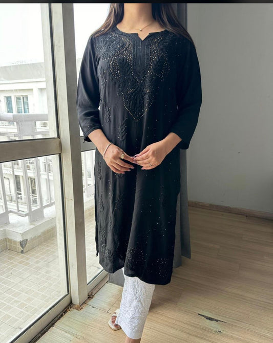 Soft Rayon kurta and  palazzo with beautiful mukaish and chikankari handwork