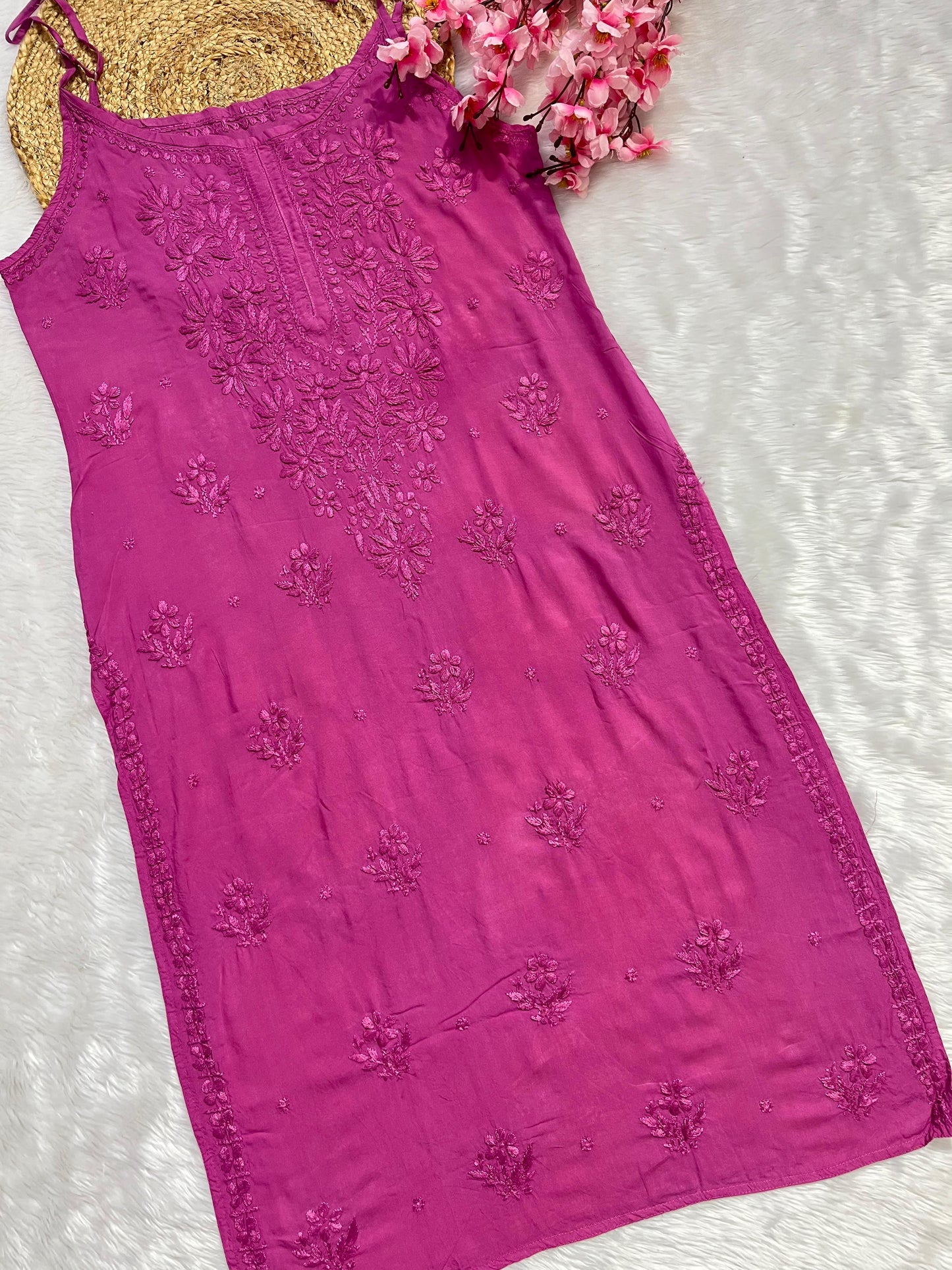 Modal noodle strap kurta and pant 2pc set with beautiful handwork chikankari