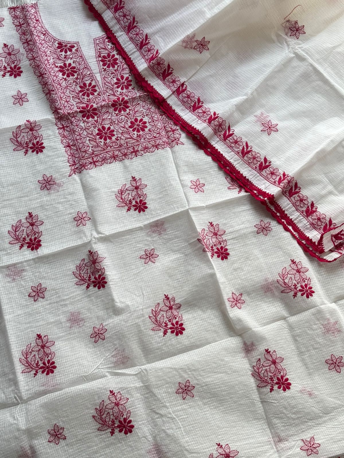 Kota unstitched kurta dupatta set With Fine chikankari handwork