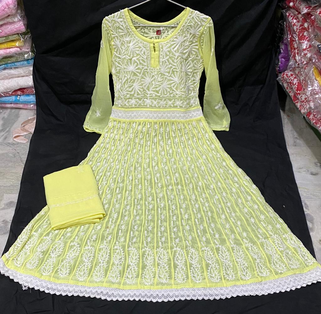 georgette Party Wear chikankari anarkali kurti, Size: 38-44, Wash Care:  Handwash at best price in Lucknow