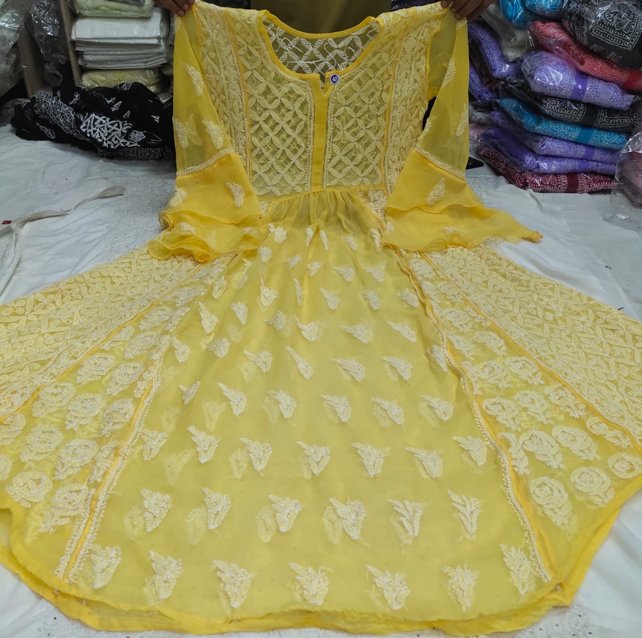 Lemon Color Crepe Alia-Cut Printed Anarkali Suit