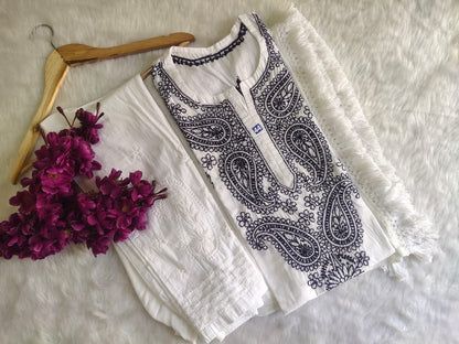 Cotton White Qehri Booti 3pc Set