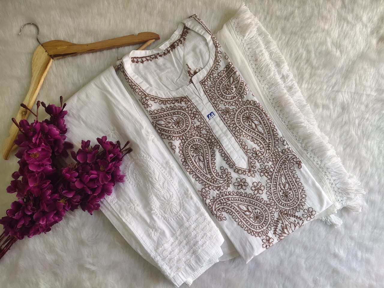 Cotton White Qehri Booti 3pc Set