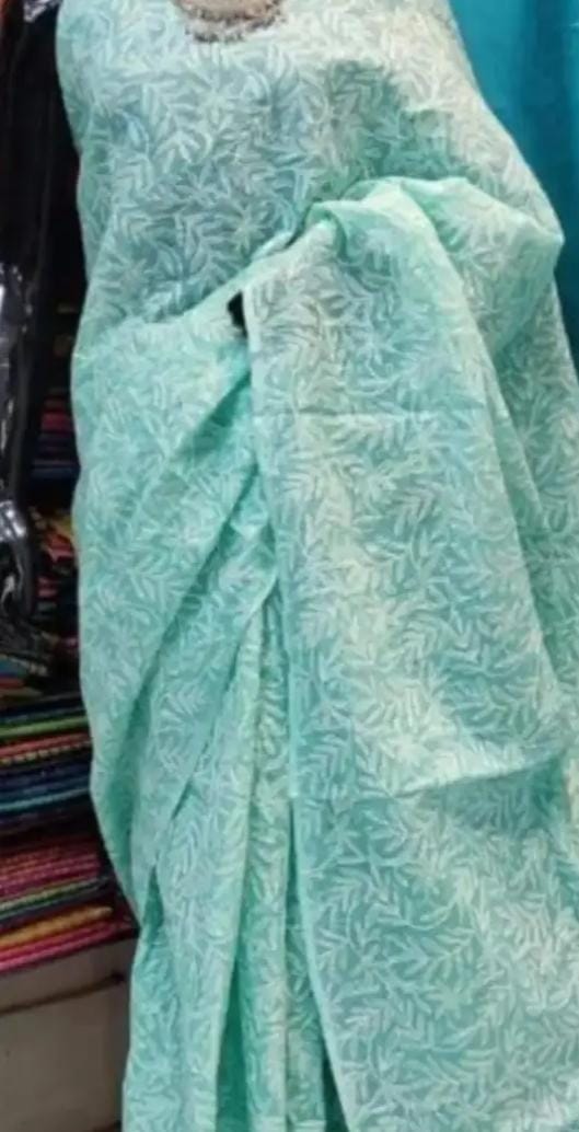 Buy Sea Green color Hand Embroidered Tepchi Work Lucknowi Chikankari Saree  Without Blouse (Kota Cotton) MN252173 | www.maanacreation.com