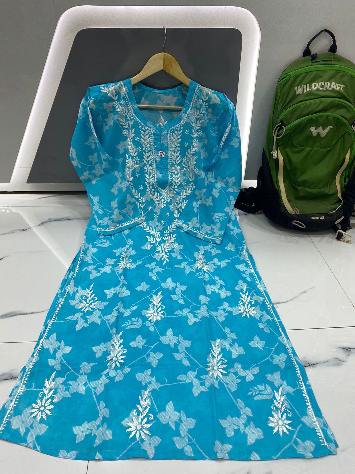 Mul Mul Cotton Fabric With Lucknowi Embroidery Work Long Length Kurti