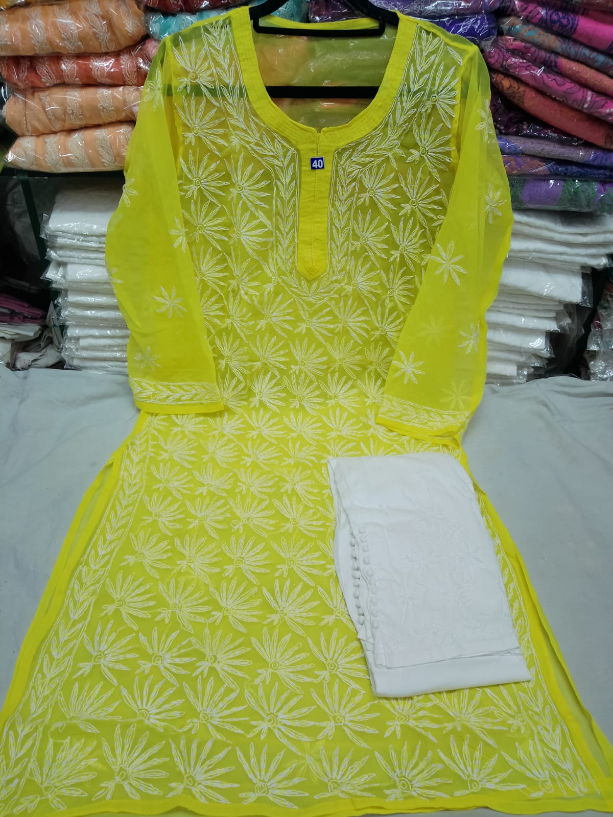 Buy MNM Lucknowi Chikan Georgett Kurti with Chikan Pant Aari Work Lenth-44  Sleeve-3/4 (Pink, XXL) at Amazon.in